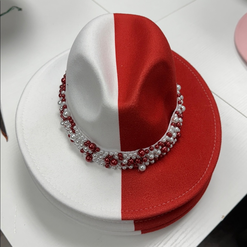 Elegant Red and White Pearl-Embellished Hat